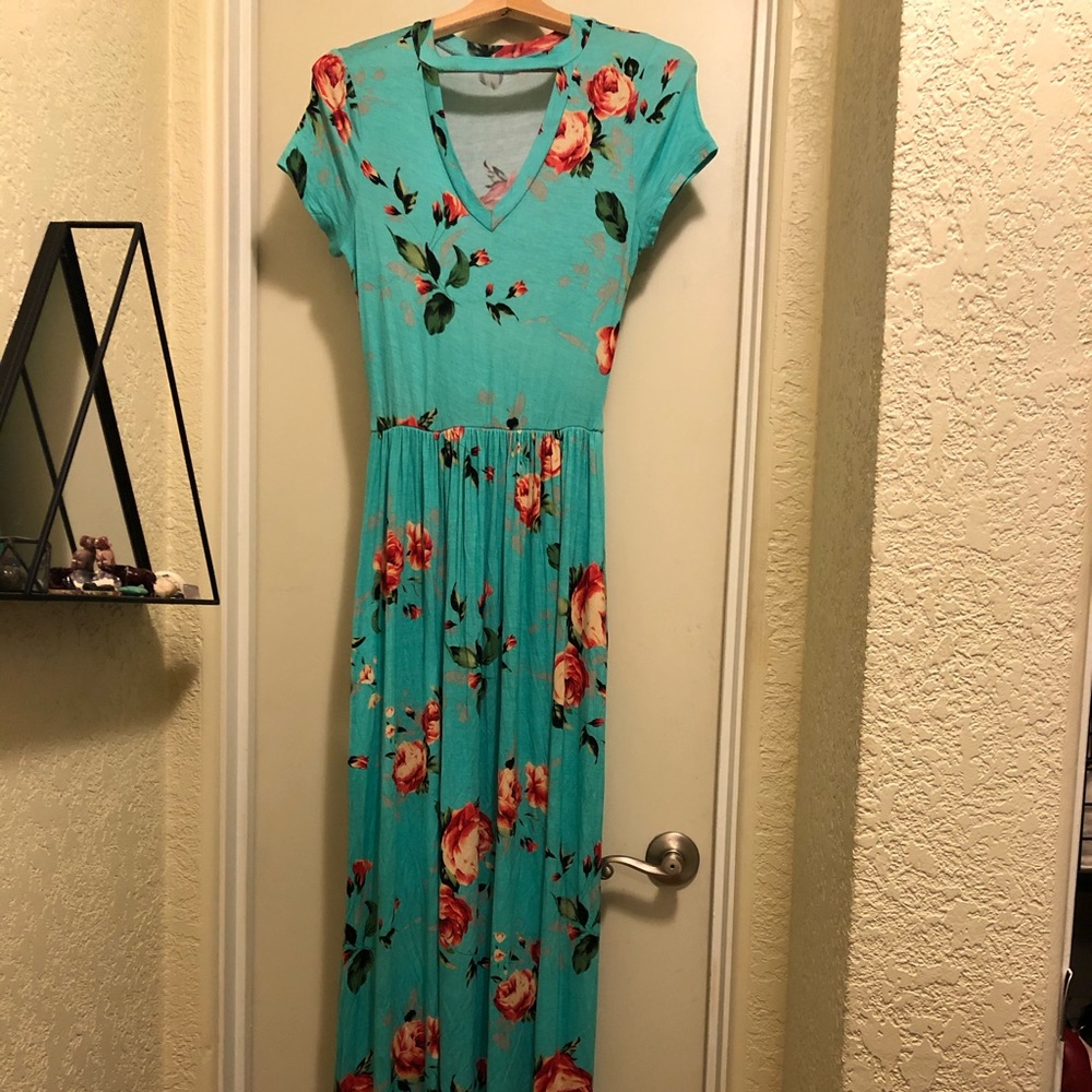 Rev & J 220 Floral Turquoise Maxi Dress W/ Pockets